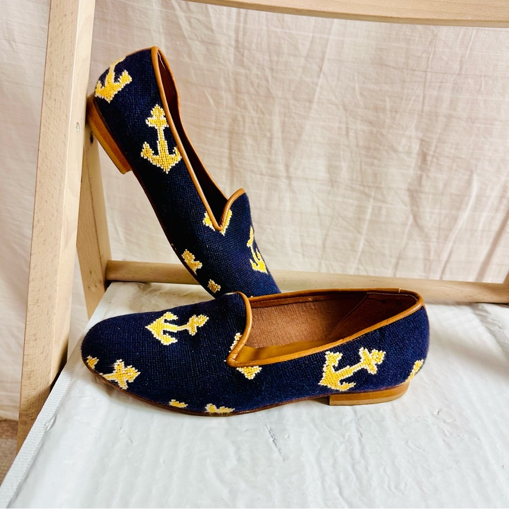 Vintage Zalo Needlepoint Smoking Slipper Loafers Blue Women Sz 7 M Leather Sole